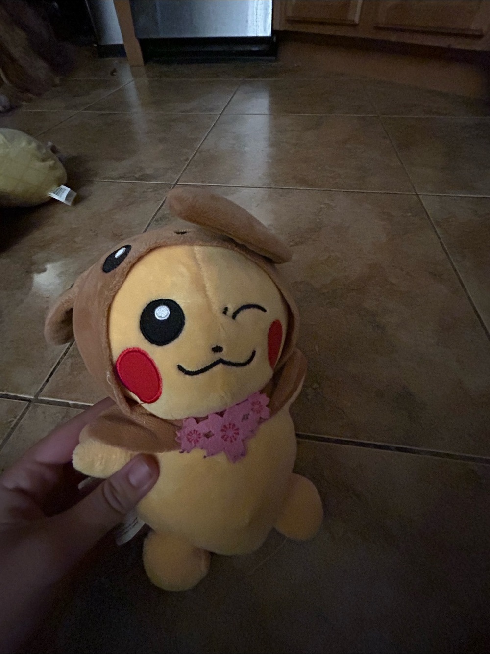 Pokemon Yellow Pikachu Plush in Brown Dog Hood with Pink Collar